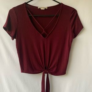 Burgundy crop top tie front cotton